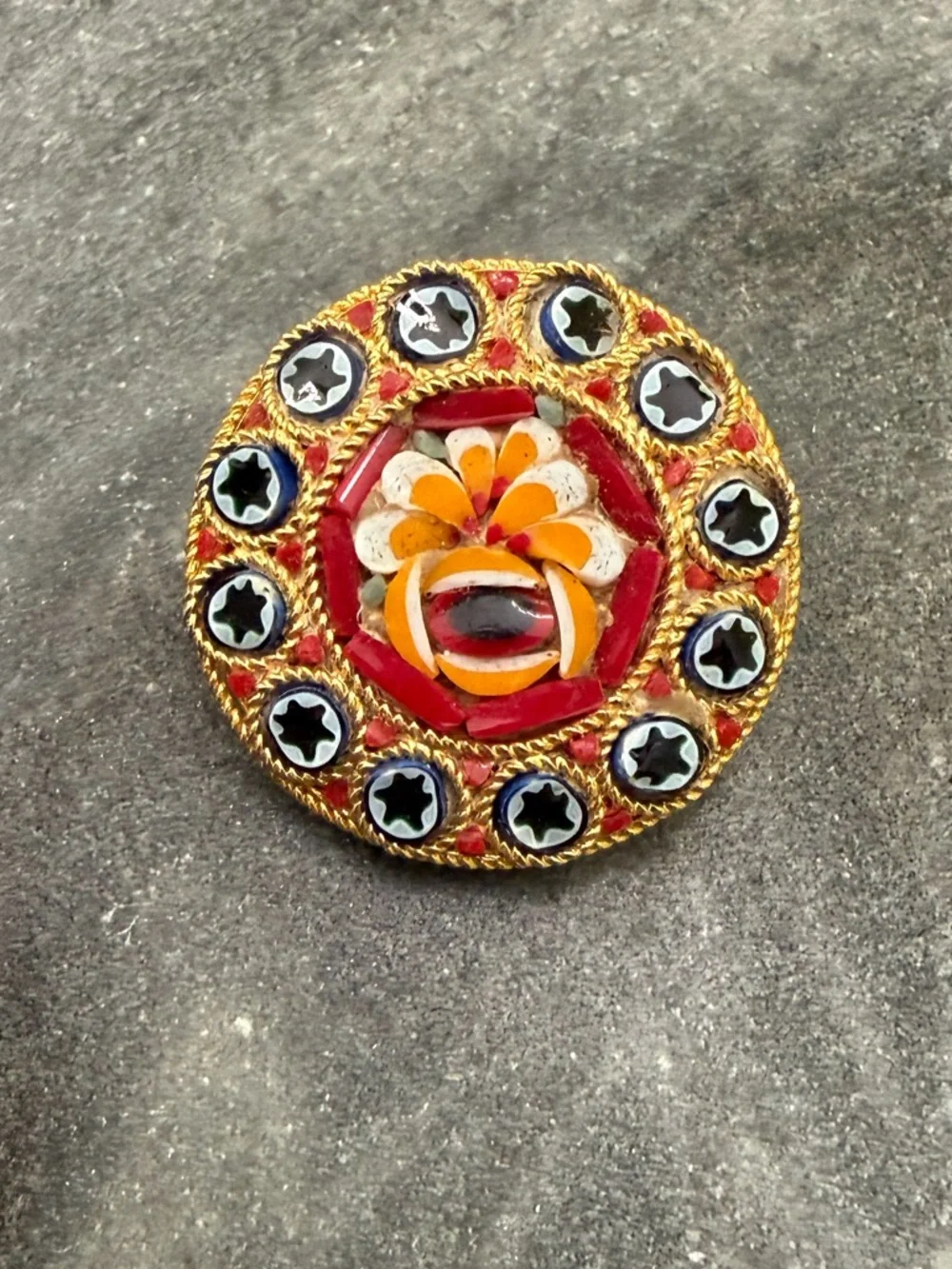 Vintage Gold Red Black Floral Mosaic Brooch